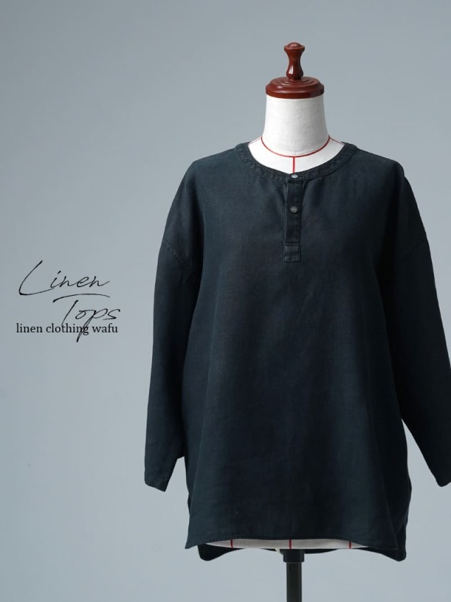 【リユース作品/Ｌサイズ】リネンシャツ ヘンリーネック 7分袖 / 黒色 sample-a1333