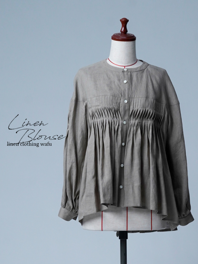 【初売り！】【サンプル作品】波ピンタック ノーカラーブラウス / 榛色 sample-c0003