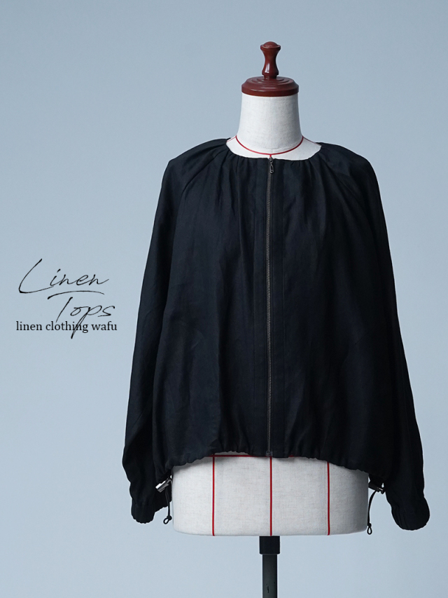 【初売り！】【サンプル作品】ギャザー ファスナー リネンブルゾン/ 黒色 sample-c0016