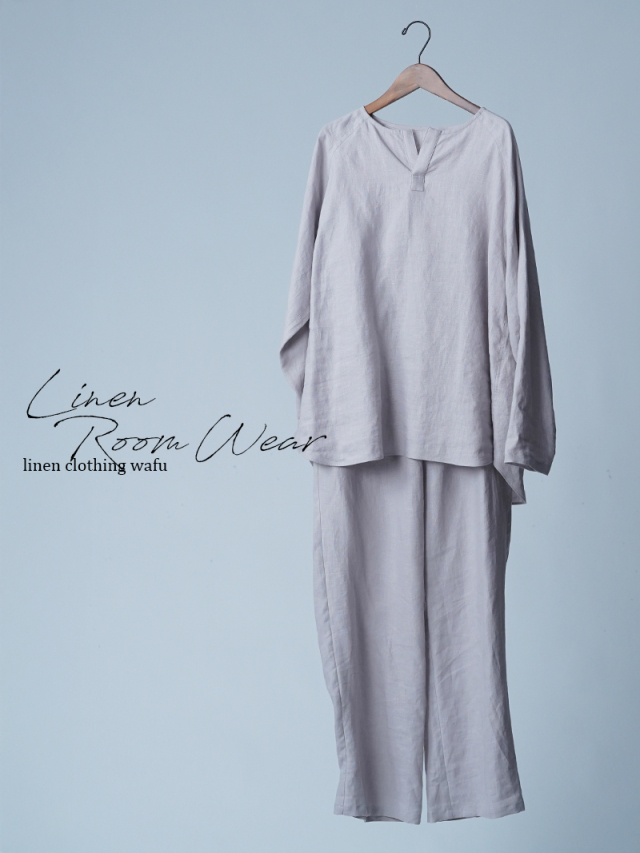 【初売り！】【サンプル作品/Lサイズ】スキッパー リネンパジャマ 上下セット / 灰桜 sample-c0024