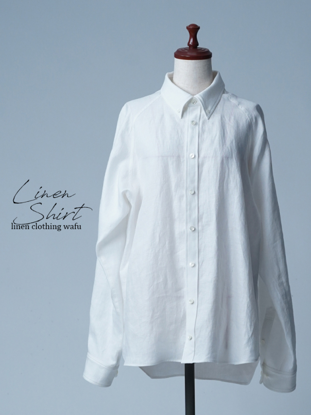 【初売り！】【サンプル作品/Lサイズ】プレミアムリネン ボタンダウン ラグランスリーブ シャツ / ホワイト sample-c0025