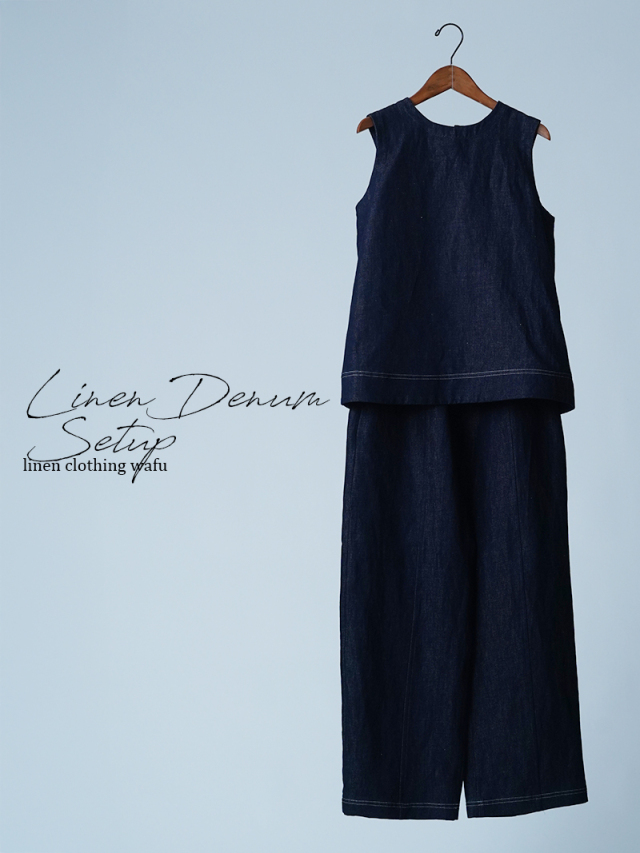【初売り！】【サンプル作品】ノースリーブ トップス パンツ リネンデニムセットアップ / 色 sample-c0038