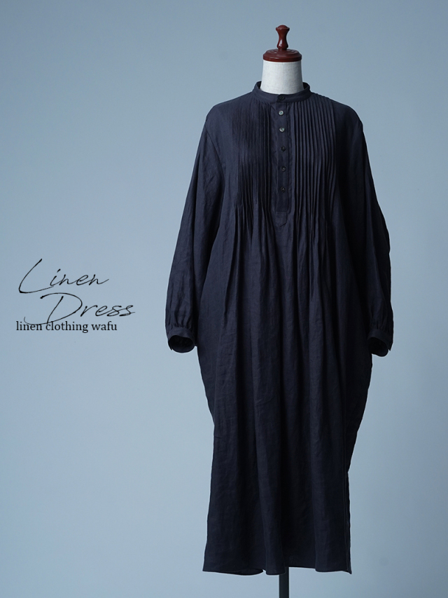 wafu ピンタック　黒 シャツワンピース 長袖 ドレス wafu ピンタック 黒 シャツワンピース 長袖 ドレス wafu リネン混