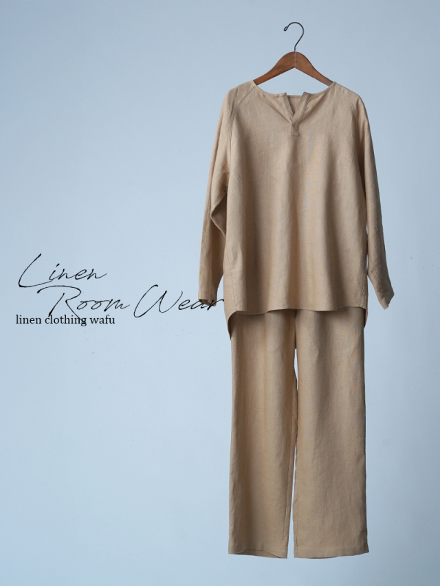 【初売り！】【サンプル作品/Mサイズ】ヘンリーネック リネンルームウエア 上下セット / アルザン sample-c0118