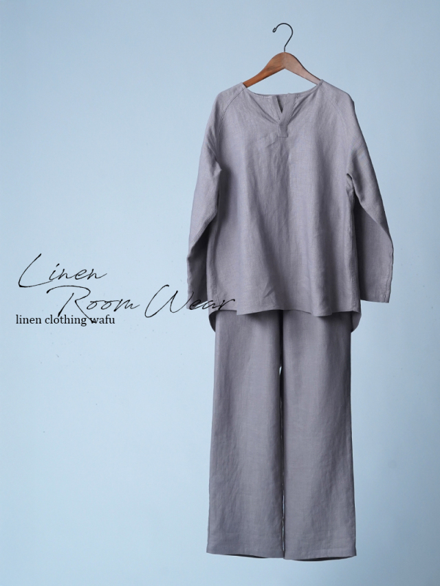 【初売り！】【サンプル作品/Mサイズ】ヘンリーネック リネンルームウエア 上下セット / ローズミスト sample-c0119