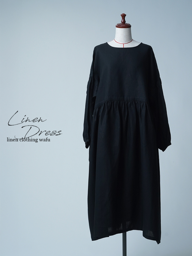 【初売り！】【サンプル作品】ポワン袖 リネンドレス / 黒色 sample-c0135