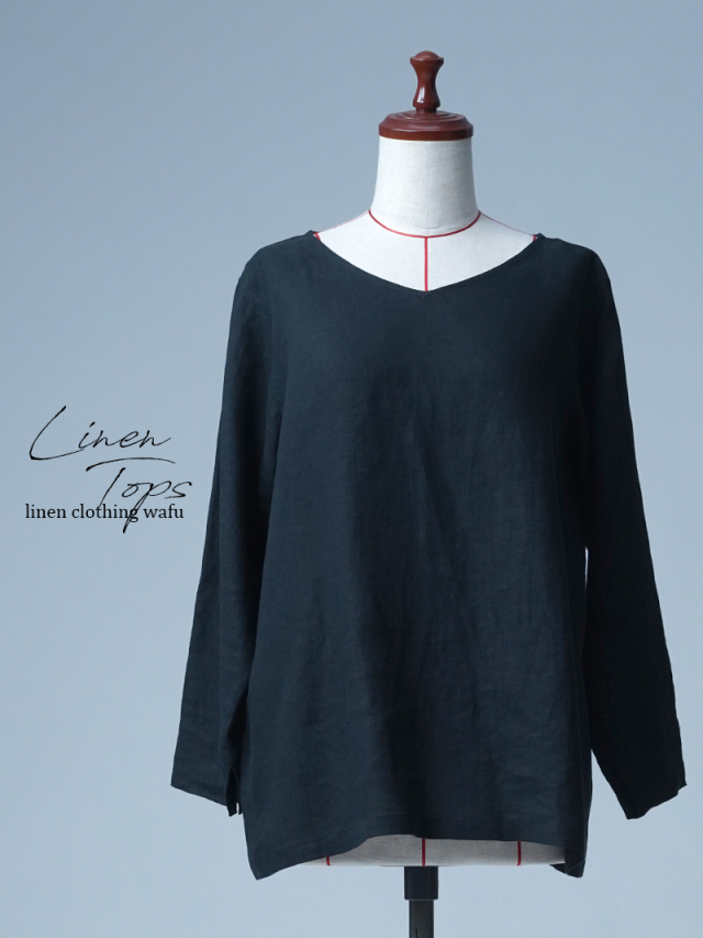【見本品/ＬＬサイズ】リネントップス 軽く やわらかい 浅いVネック 9分袖トップス / 黒色 sample-d0004