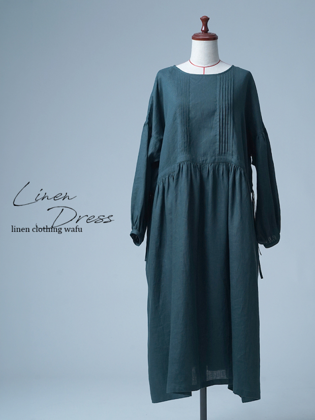 【見本品】リネンドレス ピンタック リネンドレス ワンピース / 千歳緑(ちとせみどり) sample-d0072