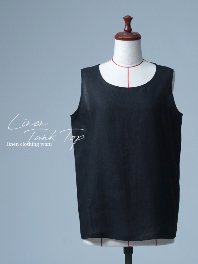 【見本品/Ｌサイズ】リネンタックトップ 軽く 心地いいタンク / 黒色 sample-d0109