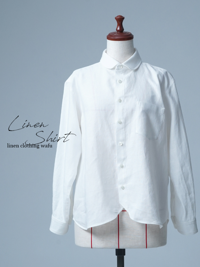 【見本品/Ｍサイズ】リネンシャツ リネン丸襟シャツ / 白色 sample-d0140