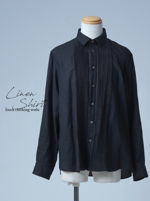 【見本品/ＬＬサイズ】リネンシャツ リネンピンタック メンズシャツ / 黒色 sample-d0170
