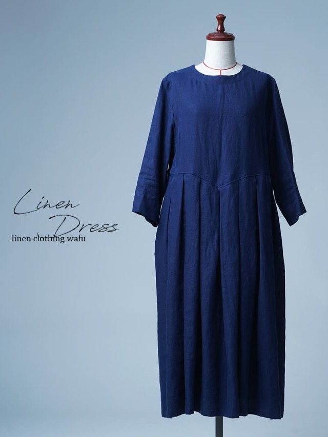 【見本品/Ｌサイズ】プレミアムリネン 鍵盤タックワンピース / ブルーニュイ sample-d0174