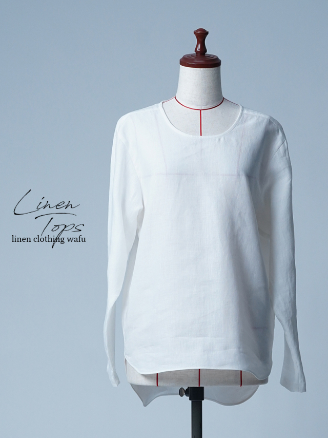 【見本品/Ｍサイズ】裾ラウンド 丸首 リネントップス / 白色 sample-d0179