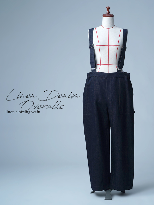 【見本品/Ｌサイズ】リネンデニムサロペット プレイフル ワークサロペット / ダークインディゴ sample-d0182