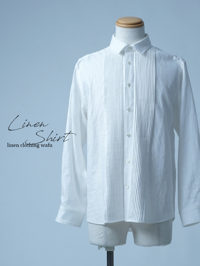 【見本品/Ｍサイズ】リネンシャツ リネンピンタックシャツ メンズシャツ / 白色 sample-d0210