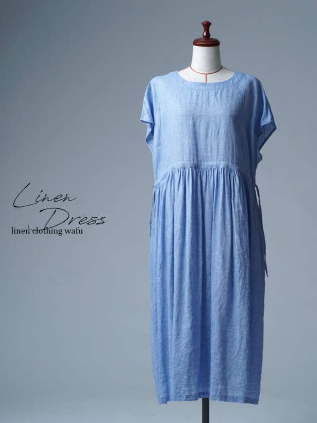 【見本品/Ｍサイズ】リネンドレス リネンシャンブレー ブラウジング フレンチスリーブワンピース / ブルー sample-d0314