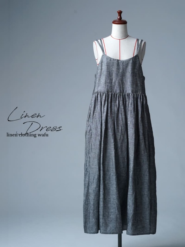 【見本品/Ｍサイズ】リネンドレス リネンシャンブレー キャミワンピース / チャコール sample-d0335