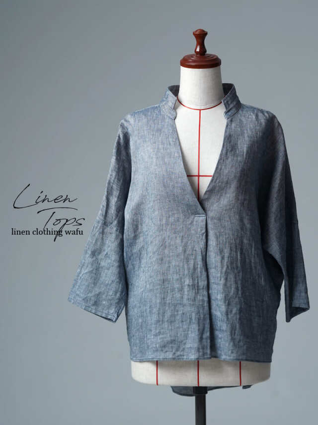【見本品】リネントップス Vネック スキッパー ブラウス  / ネイビー sample-d0346