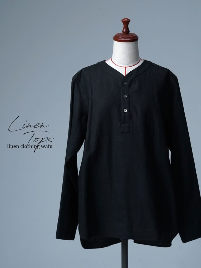 【訳あり見本品/Ｍサイズ】リネントップス スリーピングシャツ 長袖  / 黒色 sample-d0414