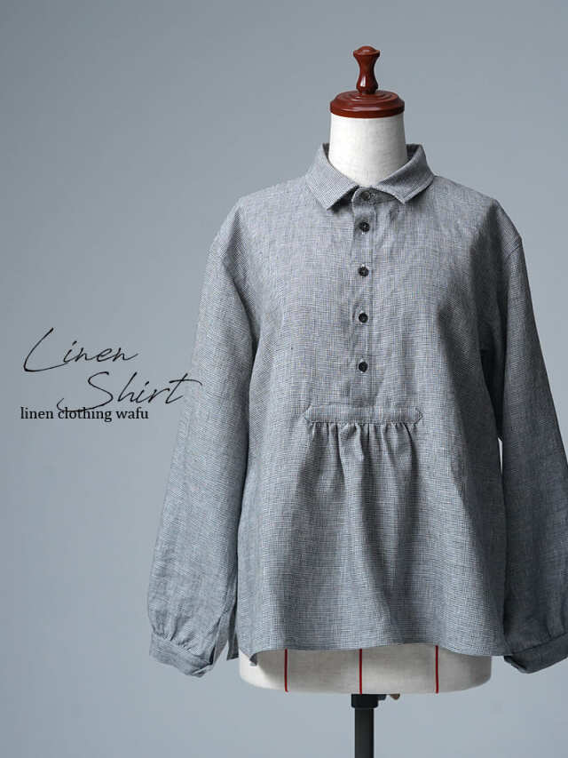 【見本品/Ｌサイズ】リネンシャツ スキッパーシャツ / ピンチェック柄 sample-d0472