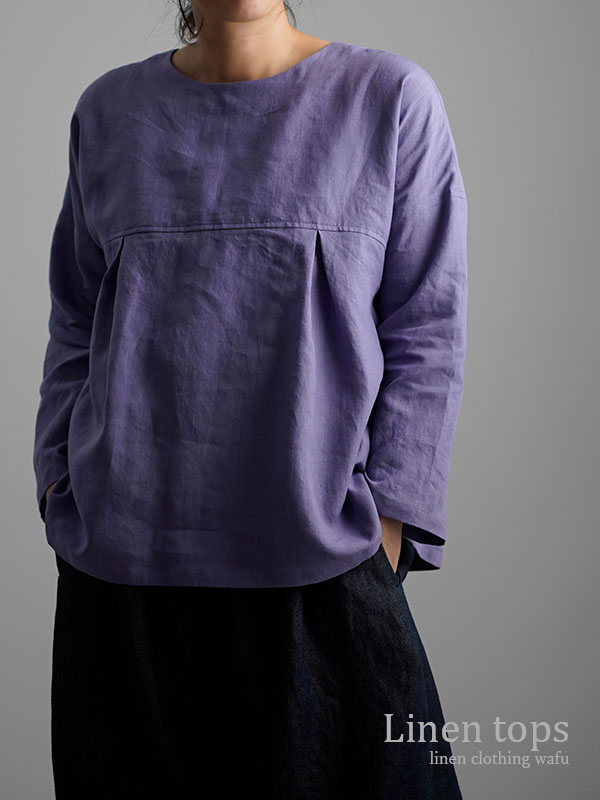 【wafu】Linen Top　超高密度リネン　タックブラウス　/藤色(ふじいろ) t011a-fji1
