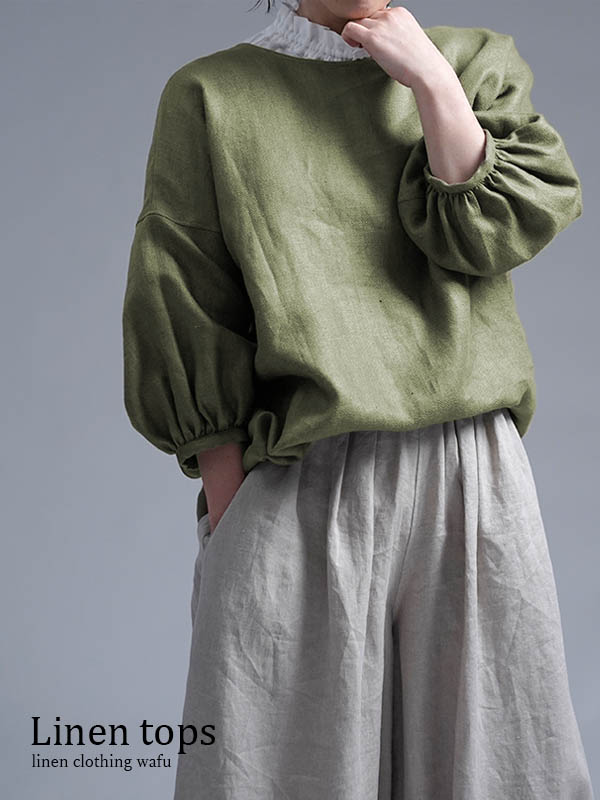 【wafu】Linen Top とろみ ふんわり袖 ガゼットブラウス / スプリンググリーン t011d-spg2