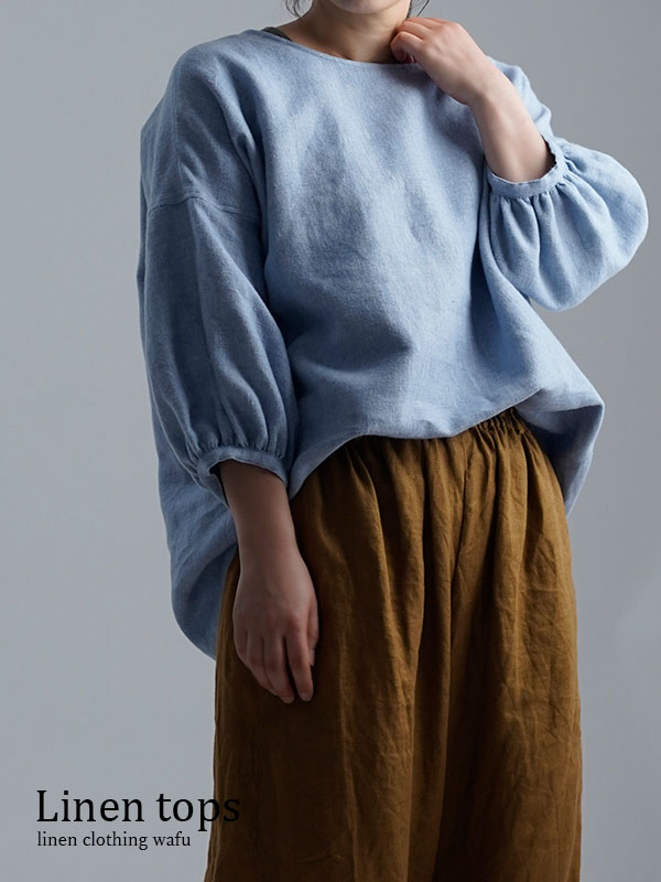 Linen Top 表面起毛 ふんわり袖 ガゼットブラウス /水色 t011f-blu2