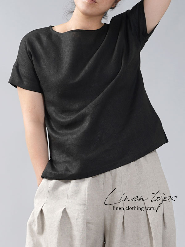 【wafu 入門編】中厚 リネン Tシャツ 半袖 トップス リネンブラウス ドロップショルダー/ブラック【M】t014a-bck2