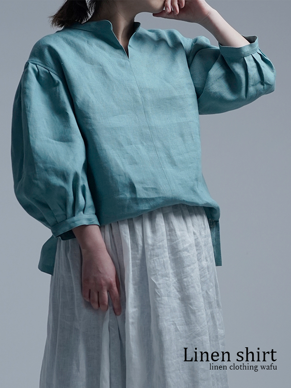 【wafu】Linen Top ランタンスリーブトップス / 白群(びゃくぐん) t029b-byg2