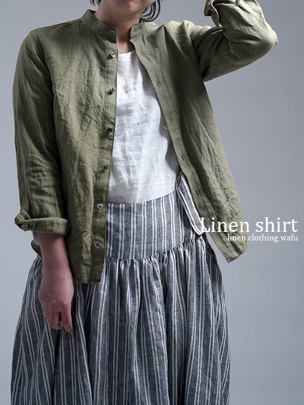 Linen Shirt　スタンドカラー シャツ /やなぎぞめ  t031b-ygz2