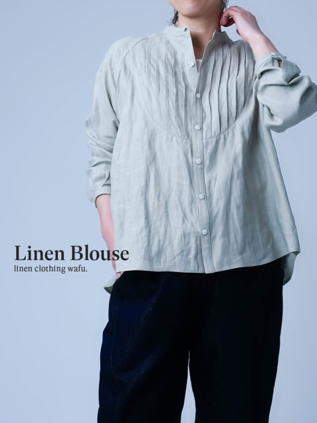 2/26.12時~受注開始!【リネンブラウス】よしこの好きが詰まってます 褒められ率を追求したプザムシャツ / 白緑 t033e-byr1