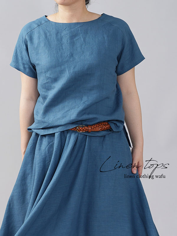 やや薄地 リネン Tシャツ リネンブラウス リネントップス Tシャツ/薄縹(うすはなだ)【M-L】t038f-ush1