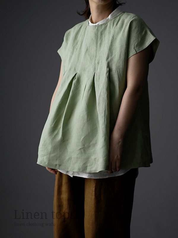 ※生産終了※雅亜麻 Double-pleated blouse 2重ヒダのリネンブラウス 薄地 / 萌黄(もえぎ) t039a-meg1
