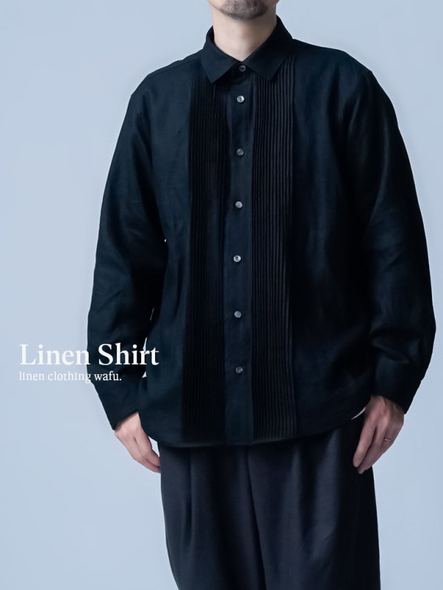 9/18.20時～受注開始！【リネンシャツ】情熱を秘めた リネンピンタック メンズシャツ ／ 黒色 t052j-bck1