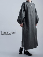 ※生産終了※Linen dress ランタンスリーブワンピース ／ フォレッジグリーン a018e-fgg1