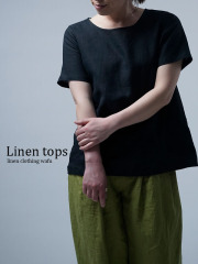 【wafu】ふわっと 軽くやさしい 雅亜麻 Linen Top リネンTシャツ インナー にも / 黒色 p015a-bck1