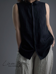 【wafu】雅亜麻 linen shirt 　丸襟 比翼 シャツ /黒色 p018a-bck1