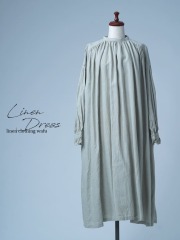 【リユース作品】リネンドレス ギャザー ロングワンピース ギャザーカフス 長袖 / 白緑（びゃくろく）  sample-a1094