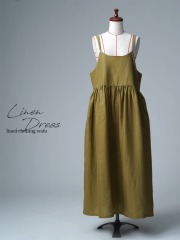 【リユース作品/Ｌサイズ】リネンドレス リネンキャミワンピ / 黄橡色(きつるばみ) sample-a1322