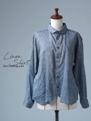 【見本品/Ｌサイズ】リネンシャツ リネンシャンブレー 丸衿シャツ / ネイビー  sample-d0337