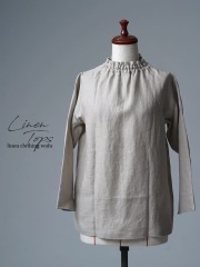 【見本品/Ｍサイズ】リネントップス シャーリング ネックトップス / フラックス sample-d0340