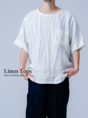【リネントップス】どのシーンも絵になる リネン梨地 胸ポケット ビッグTシャツ ／ オフホワイト t007f-owh1