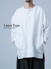 【リネンシャツ】ポケットによってバランス整う リネントップス ／ 白色 t012g-wht1