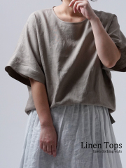 【リネントップス】体のラインが出ず　快適な着心地 ビッグTシャツ / 空五倍子色(うつぶしいろ) t017d-ubs1
