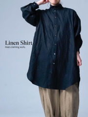 【リネンシャツ】首元に、自信を。 多才なハイネック ビッグシャツ ／ 黒色 t021x