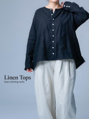 【リネントップス】一枚で華やかな佇まい。多ボタン 浅Vネックトップス ／ 黒色 t029h