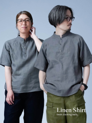 【リネンシャツ】風が抜ける瞬間が気持ちいい！マオカラー ラグランシャツ／ 鈍色 t038k-nib1