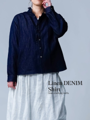 【リネンデニムブラウス】甘さを黙らせる、藍。リネンデニム フリルブラウス ／ ダークインディゴ t046d-din2