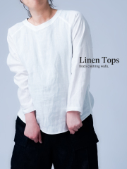 【リネントップス】首があきすぎない ラグランスリーブ トップス ／ 白色 t057a-wht1