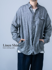 【リネンシャツ】ついつい手を入れたくなる ポケット付き シャンブレー リネン ボタンダウンシャツ ／ チャコール t058b-chl1